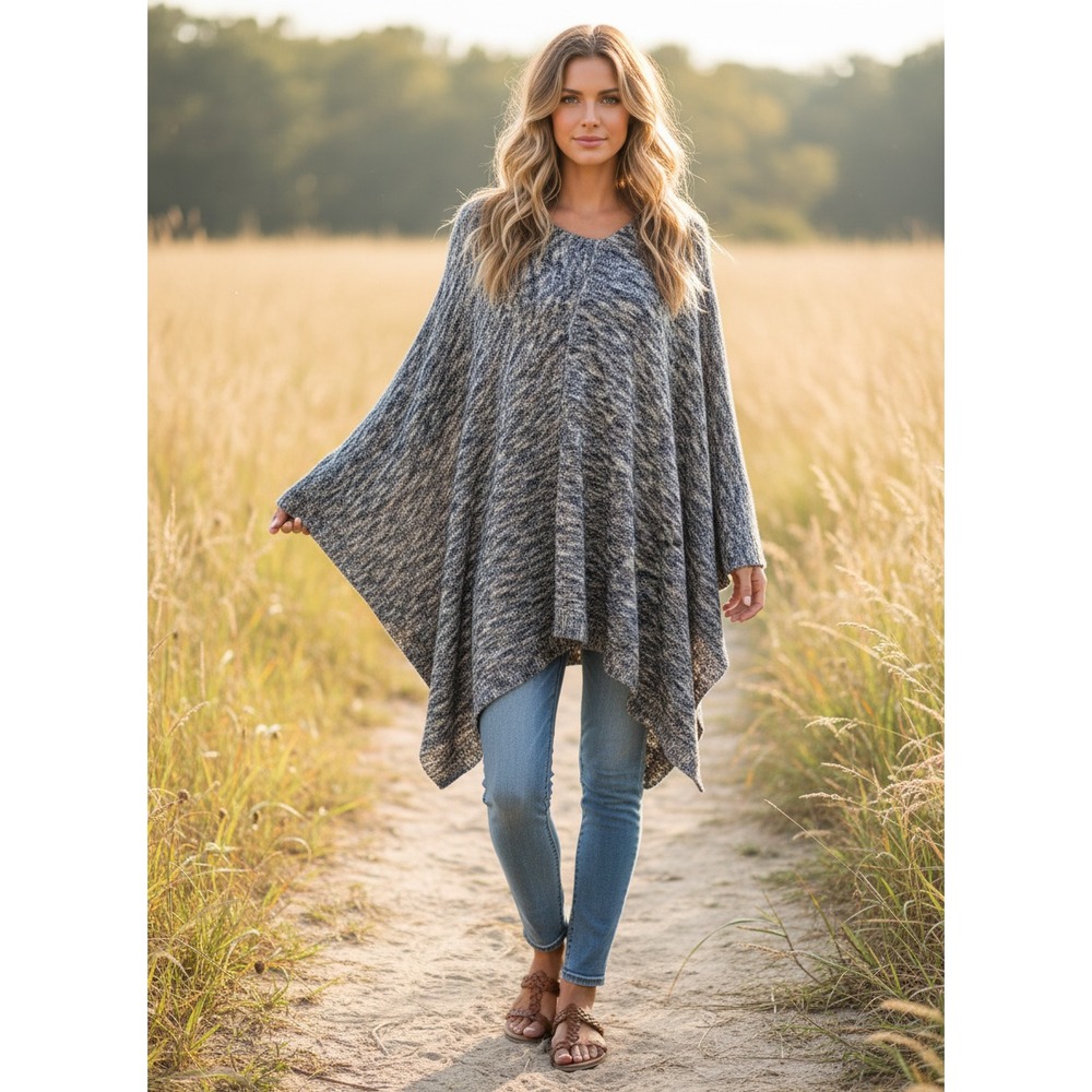 Christopher Banks OS‎ Poncho Sweater Blue Beige Boho Cottage Cozy Earthy Witchy